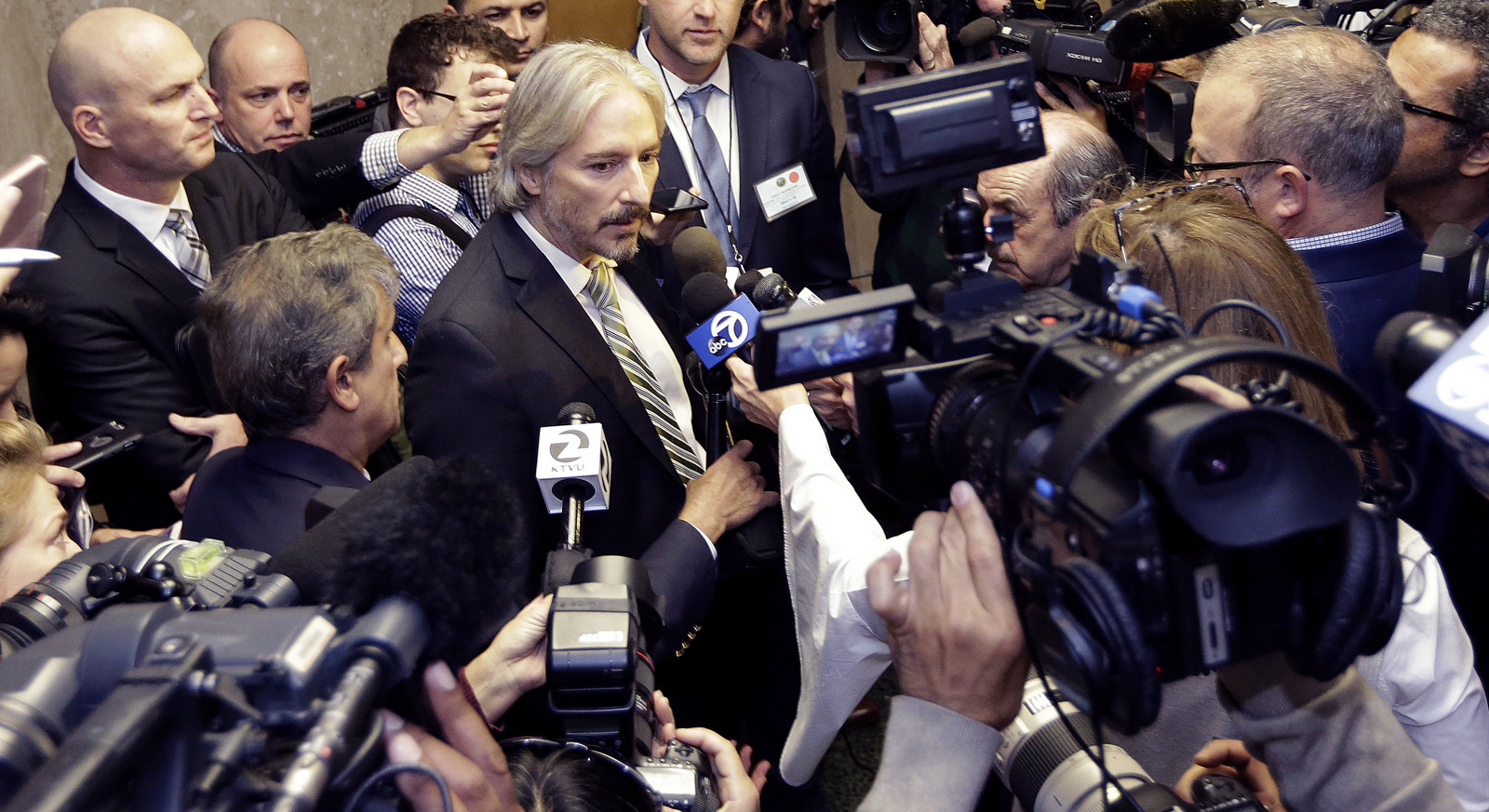Matt Gonzalez speaks to reporters after his client Jose Zarate was acquitted in the murder and involuntary manslaughter in the death of Kate Steinle. (AP/Jeff Chiu)
