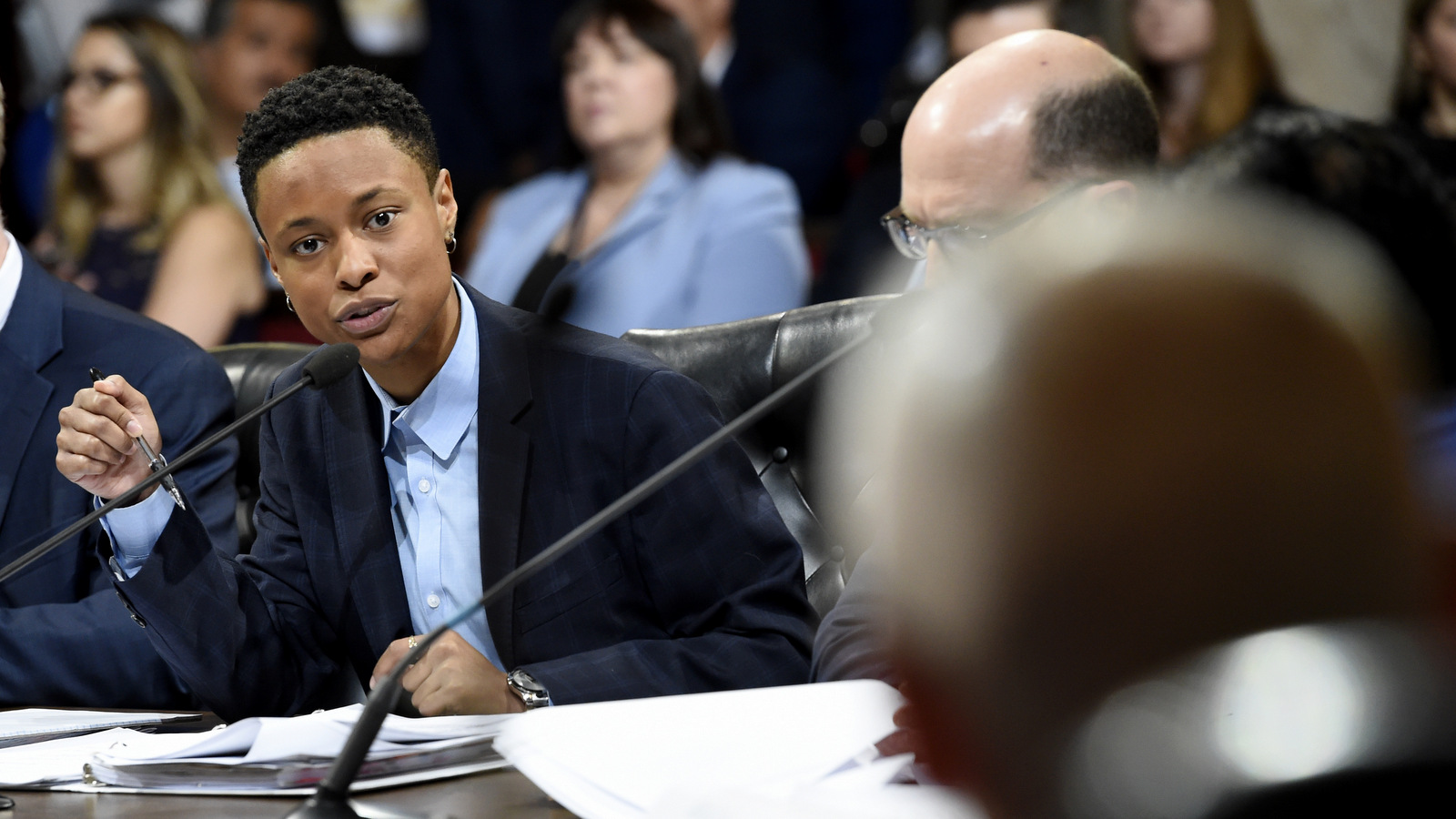 Cat Packer, executive director of the Los Angeles Department of Cannabis Regulation, addresses the Los Angeles City Council before they voted unanimously to approve new regulations for the marijuana industry, Dec. 6, 2017, in Los Angeles. (AP/Chris Pizzello)