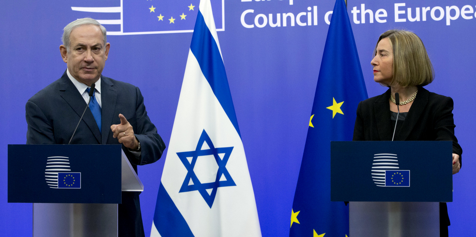 Israeli Prime Minister Benjamin Netanyahu, left, addresses a media conference with European Union High Representative Federica Mogherini at the EU Council building in Brussels on Dec. 11, 2017. (AP/Virginia Mayo)