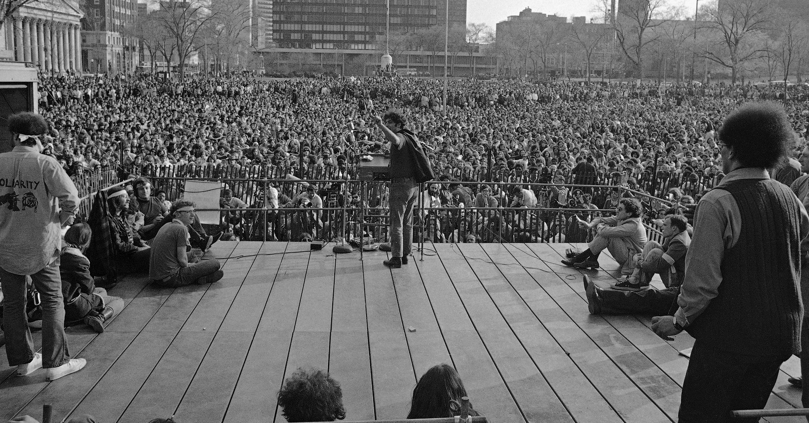 Abbie Hoffman of the Chicago Seven is pictured as he addressed a Black Panther rally on May 1, 1970 in New Haven, Conn. (AP Photo)