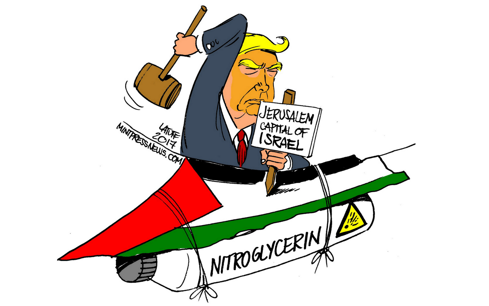 Donald Trump declares Jerusalem is the capital of Israel. Palestine statehood is no more. A MintPress News editorial cartoon by Carlos Latuff.