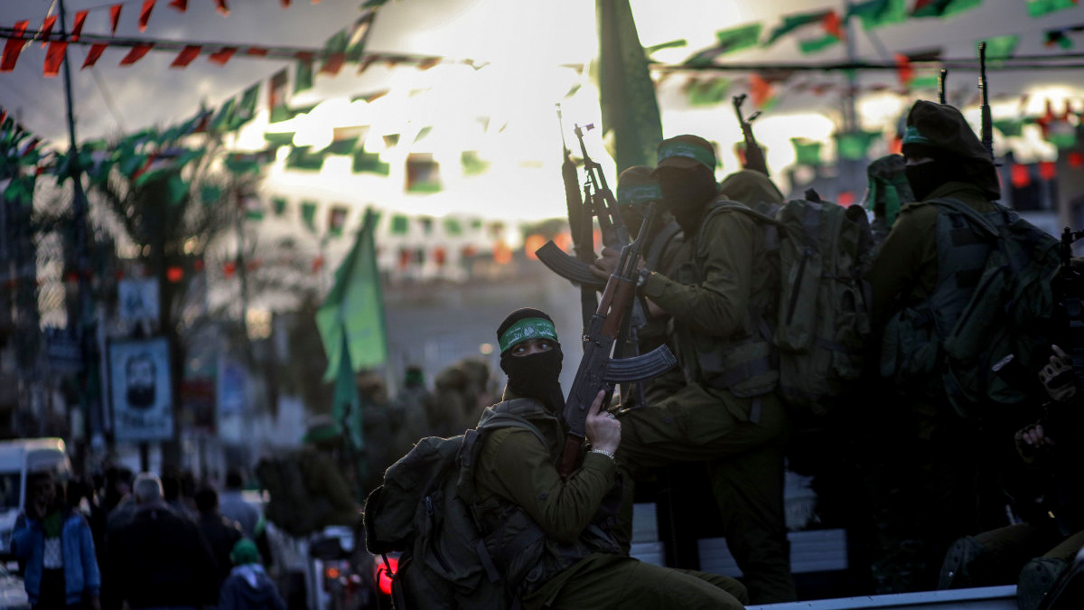 Armed members of Izz ad-Din al-Qassam Brigades, the military wing of Hamas, participate in a protest in Gaza City, Gaza Strip, December, 2017. (Wissam Nassar/DPA/AP)