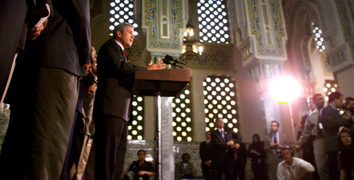 President Bush speaks to the press during his visit to the Mosque at the Islamic Center in Washington, D.C., on, September 17, 2001.
