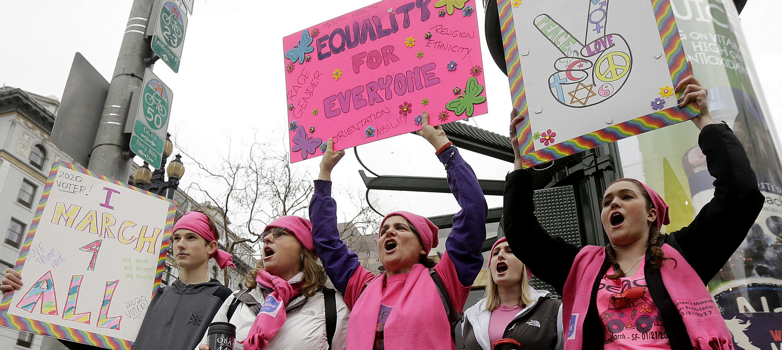 A group of protesters hold signs before a women's march during the first full day of Donald Trump's presidency in San Francisco, Jan. 21, 2017. (AP/Jeff Chiu)