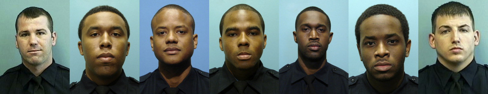 Daniel Hersl, Evodio Hendrix, Jemell Rayam, Marcus Taylor, Maurice Ward, Momodu Gando and Wayne Jenkins, the seven police officers who are facing charges of robbery, extortion and overtime fraud, and are accused of stealing money and drugs from victims, some of whom had not committed crimes. (Baltimore Police Department via AP)