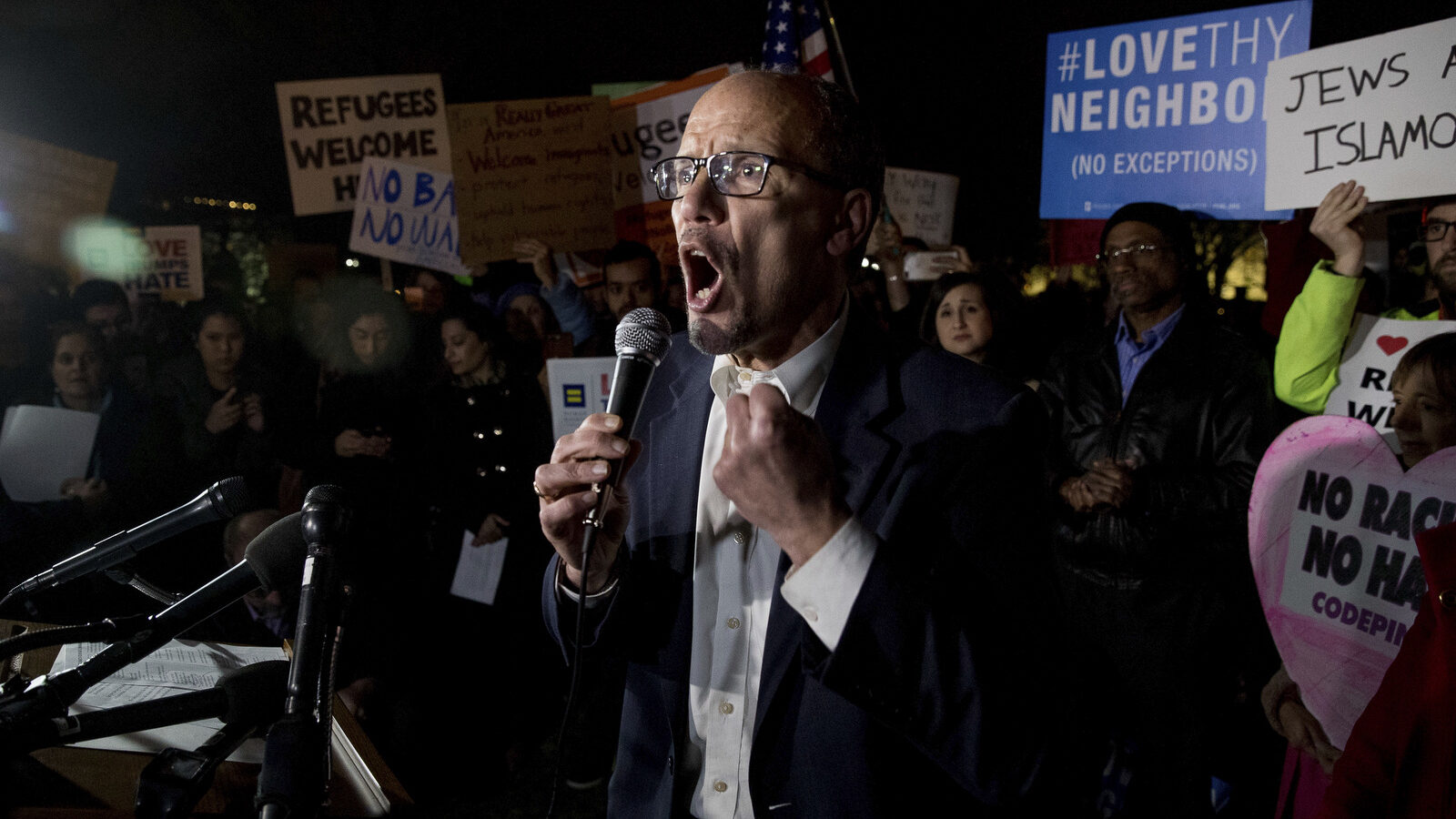 Democratic National Committee (DNC) Chairman Tom Perez speaks at a protest against President Donald Trump's travel ban in Lafayette Square outside the White House, March 6, 2017. (AP/Andrew Harnik)