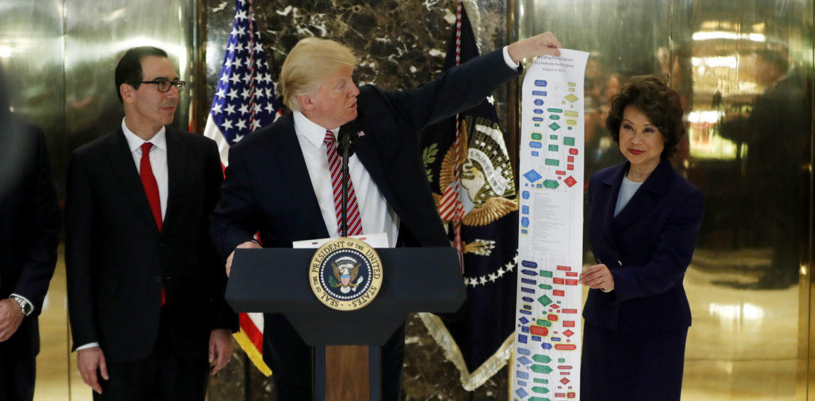 President Donald Trump, accompanied by Transportation Secretary Elaine Chao and Treasury Secretary Steven Mnuchin, holds a flowchart of highway projects as he speaks to the media in the lobby of Trump Tower in New York, Aug. 15, 2017. (AP/Pablo Martinez Monsivais)