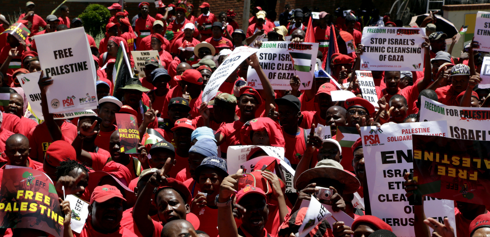 Members of the Economic Freedom Fighters (EFF) protest outside the Israeli embassy in Pretoria, South Africa, Nov. 2, 2017. The EFF are demanding freedom for Palestinians in Israel. (AP/Themba Hadebe)
