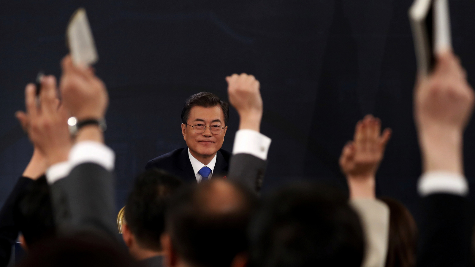 South Korean President Moon Jae-in attends the New Year news conference at the Presidential Blue House in Seoul, South Korea, Jan. 10, 2018. Moon announced he's open to meeting with North Korean leader Kim Jong-un if certain conditions are met, as he vowed to push for more talks with the North to resolve the nuclear standoff. (Kim Hong-Ji/AP)