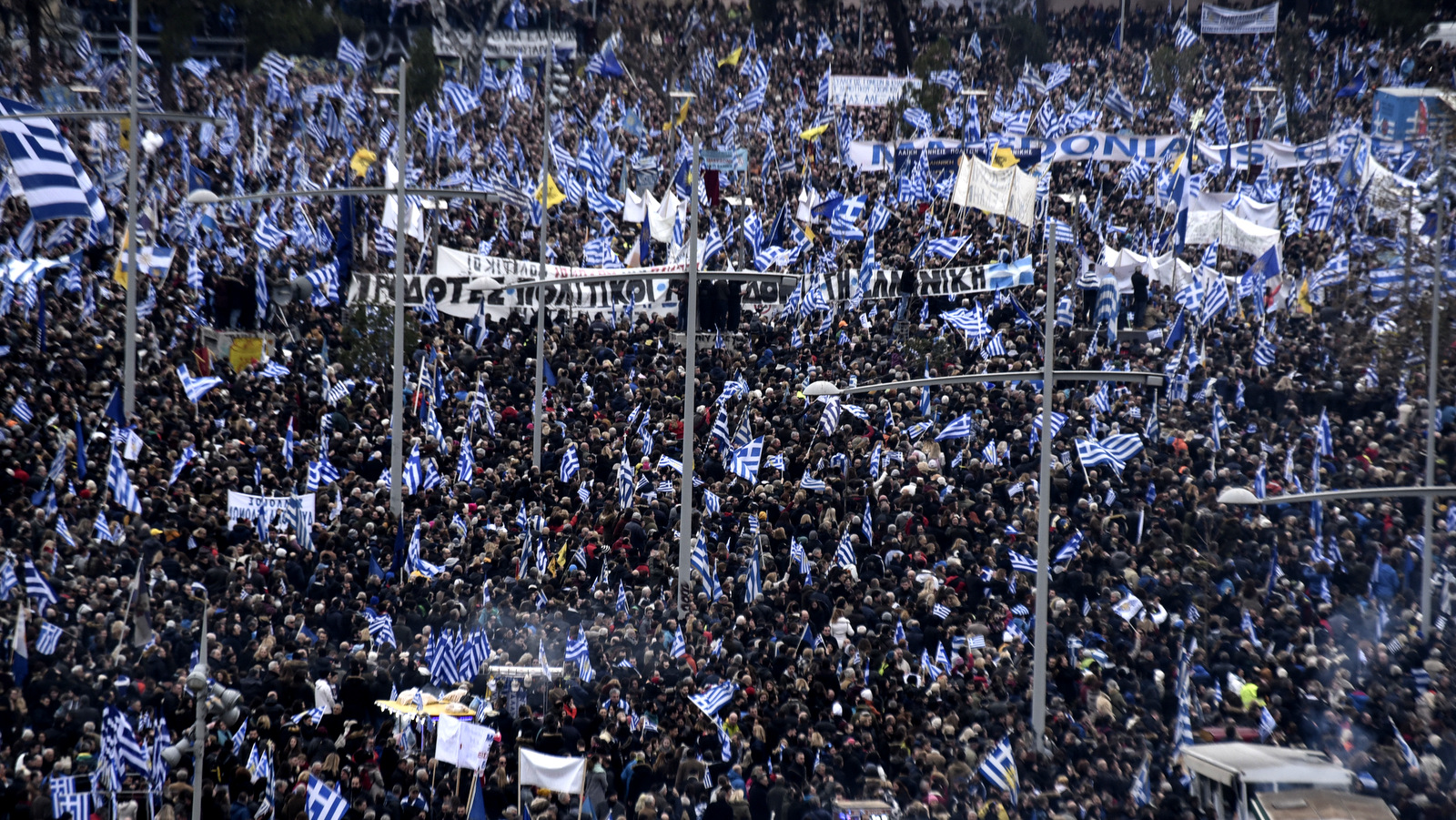 Thousands of protesters take part in a rally against the use of the term "Macedonia" for the northern neighboring country's name, at the northern Greek city of Thessaloniki, Jan. 21, 2018. Over 100,000 Greeks gathered in the northern city of Thessaloniki to demand that the term "Macedonia," the name of the Greek province of which Thessaloniki is the capital, not be used by Greece's northern neighbor known by the same name. (AP/Giannis Papanikos)
