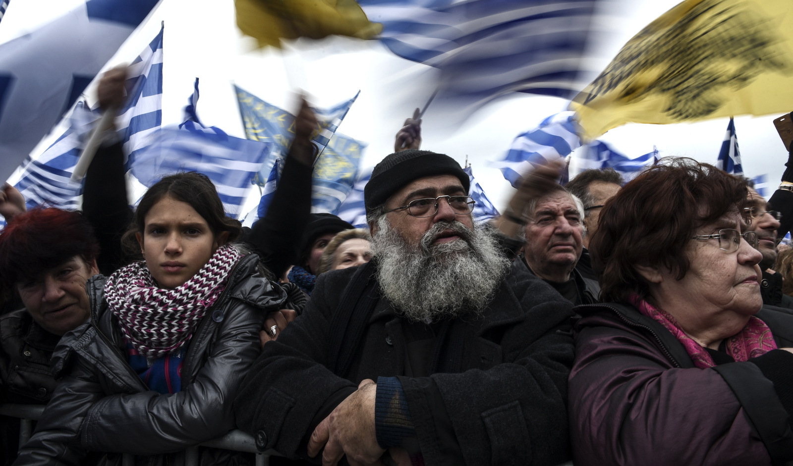 Protesters at a rally against the use of the term "Macedonia" for the northern neighboring country's name, at the northern Greek city of Thessaloniki, Jan. 21, 2018. (AP/Giannis Papanikos)