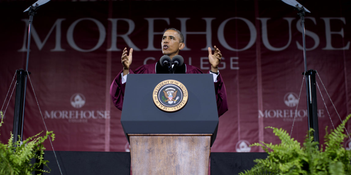 President Barack Obama gestures as he speaks during the Morehouse College 129th Commencement ceremony, May 19, 2013, in Atlanta. (AP/Carolyn Kaster)