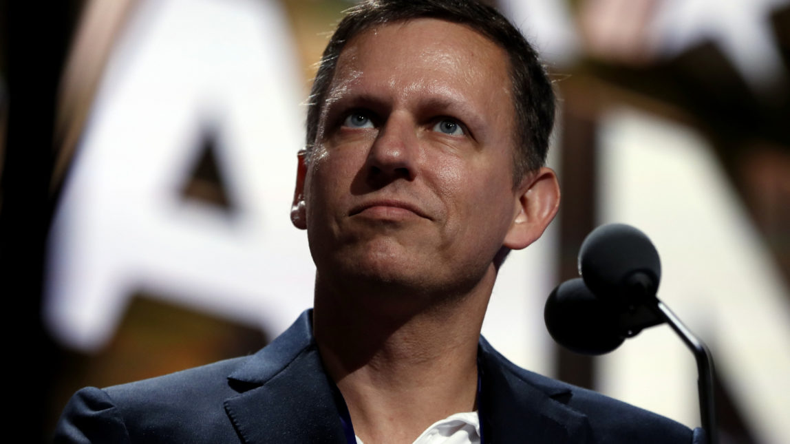 Peter Thiel looks over the podium before the start of the second day session of the Republican National Convention in Cleveland, July 19, 2016. (AP/Carolyn Kaster)