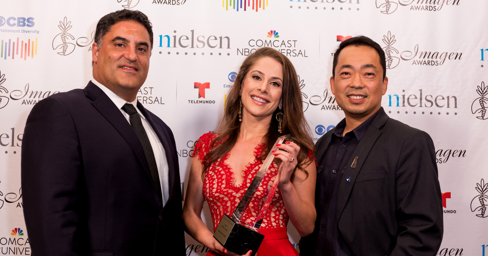 Cenk Uygur, left, Ana Kasparian, and Steve Oh pose with the 2016 Vision award for "The Young Turks" at the 31st Annual Imagen Awards ceremony, Sept. 9, 2016, in Beverly Hills, CA. (Willy Sanjuan/Invision/AP)