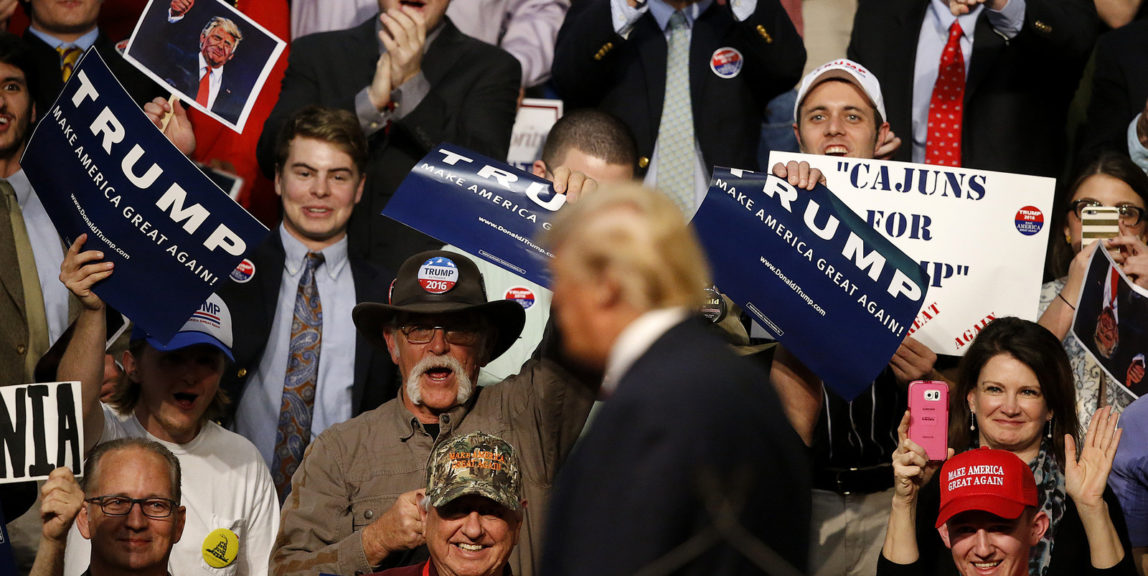 The crowd cheers as Republican presidential candidate Donald Trump speaks at a campaign rally in Baton Rouge, La., Feb. 11, 2016. (AP/Gerald Herbert)