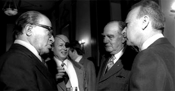 South Africa's prime minister John Vorster (second from right) meets with Israel's prime minister Yitzhak Rabin (right) and Menachem Begin (left) and Moshe Dayan during his 1976 visit to Jerusalem. (Photo: Sa'ar Ya'acov)