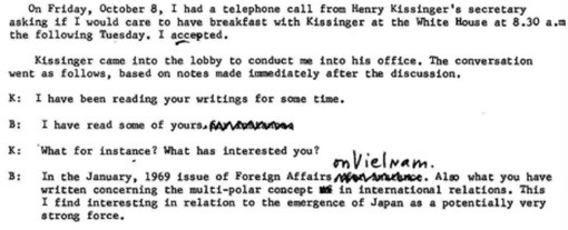 From Wilfred Burchett’s type notes of his meeting with Kissinger. National Library of Australia, Wilfred Burchett Papers.
