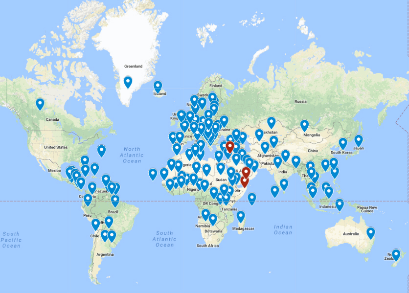 America’s elite troops were deployed to 149 nations in 2017, according to U.S. Special Operations Command. The map above displays the locations of 132 of those countries; 129 locations (in blue) were supplied by U.S. Special Operations Command; 3 locations (in red) -- Syria, Yemen and Somalia -- were derived from open-source information. (Nick Turse)