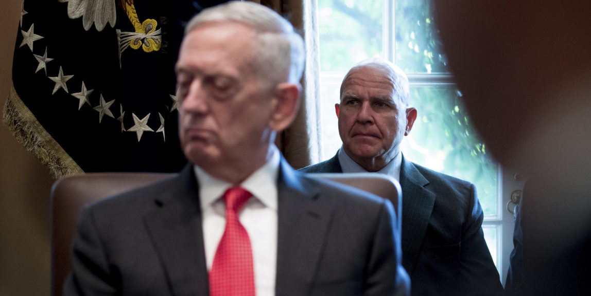 H.R. McMaster listens at right, behind Defense Secretary Jim Mattis, during a Cabinet meeting, June 12, 2017. Andrew Harnik | AP