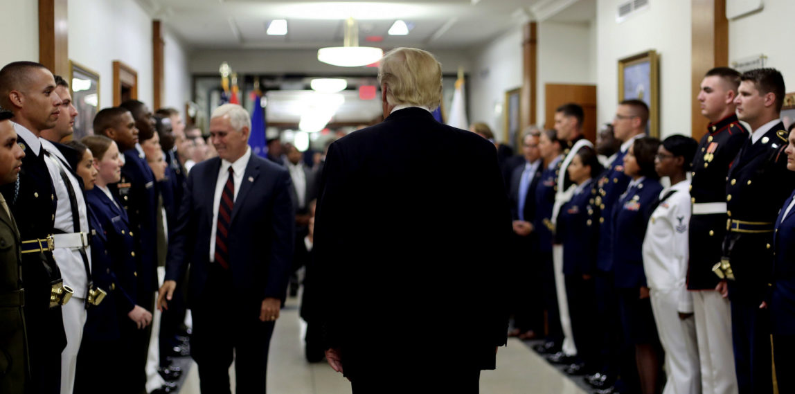 President Donald Trump and Vice President Mike Pence greet military personnel during a visit to the Pentagon, July 20, 2017. (AP/Pablo Martinez Monsivais)