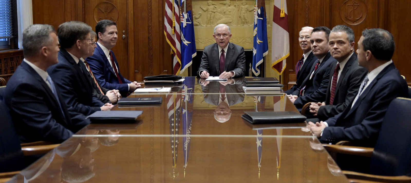 Jeff Sessions holds a meeting with the heads of federal law enforcement components at the Department of Justice in Washington, Feb. 9, 2017. (AP/Susan Walsh)