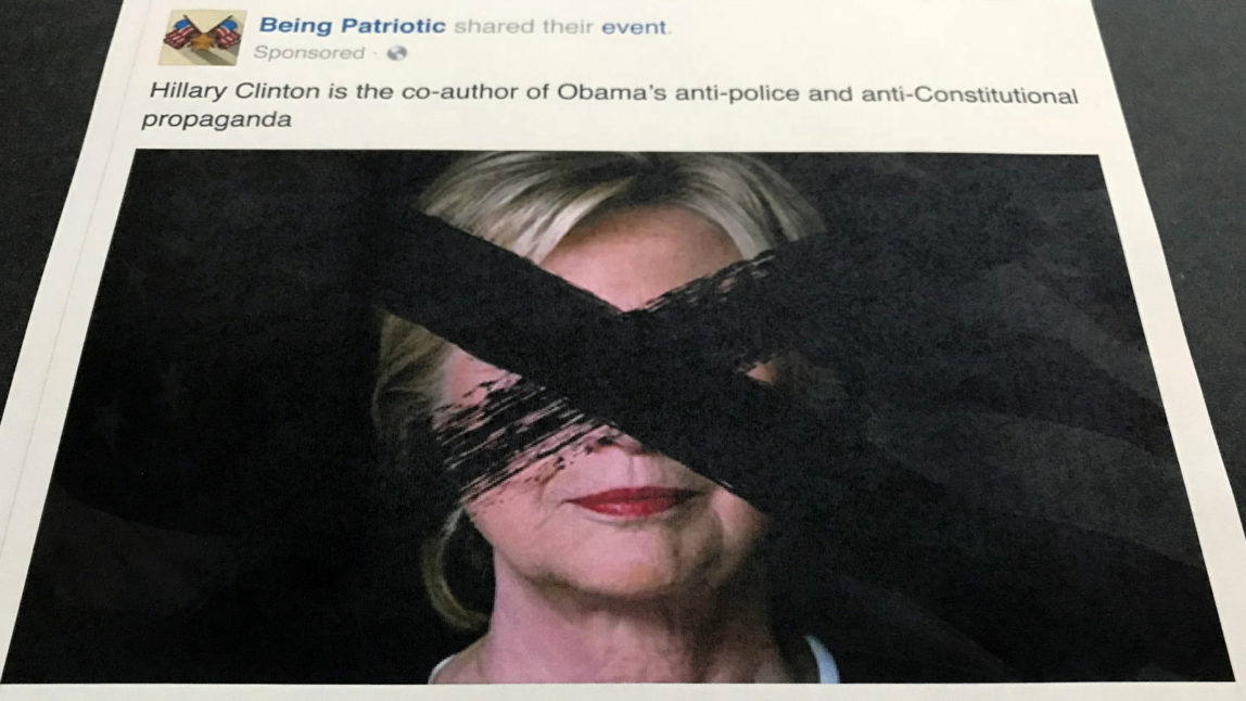 A Facebook posting for a group called "Being Patriotic." A federal grand jury indictment alleges 13 Russians ran an elaborate plot to interfere in the 2016 U.S. presidential election beginning in June 2016, defendants allegedly organized and coordinated political rallies in the U.S. "Being Patriotic" promoted and organized two political rallies in New York according to the indictment. (AP/Jon Elswick)