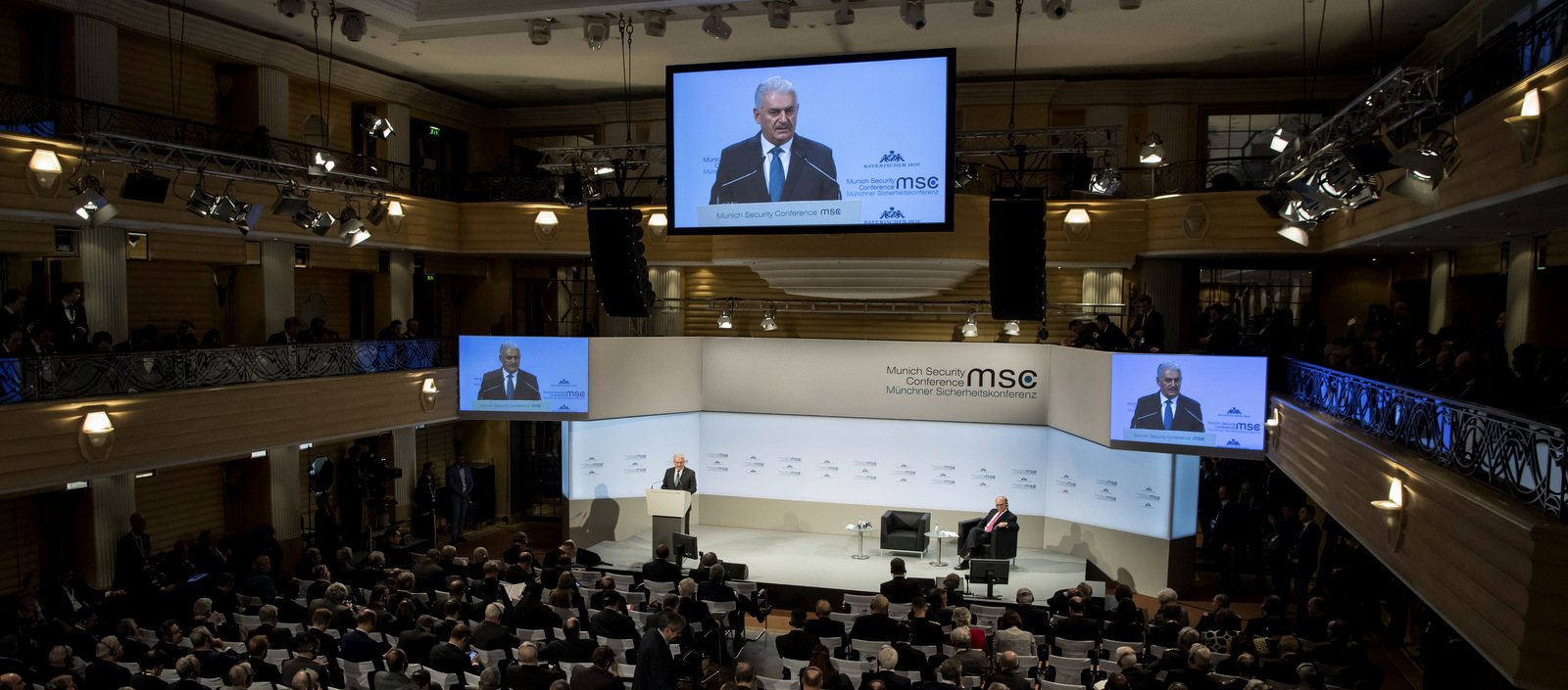 Turkey's Prime Minister Binali Yildirim, speaks at the Security Conference in Munich, Germany, Feb. 17, 2018. (Sven Hoppe/dpa via AP)
