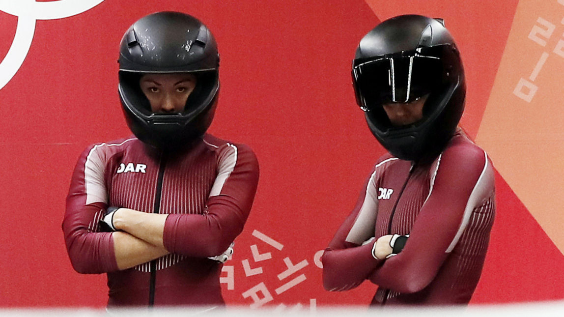Driver Nadezhda Sergeeva and Anastasia Kocherzhova of the Olympic Athletes of Russia start their first heat during the women's two-man bobsled competition at the 2018 Winter Olympics in Pyeongchang, South Korea, Feb. 20, 2018. (AP/Andy Wong)