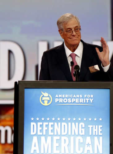 Chairman of the board of Americans for Prosperity David Koch speaks at the Defending the American Dream summit hosted by Americans for Prosperity at the Greater Columbus Convention Center in Columbus, Ohio, Friday, Aug. 21, 2015. (AP/Paul Vernon)