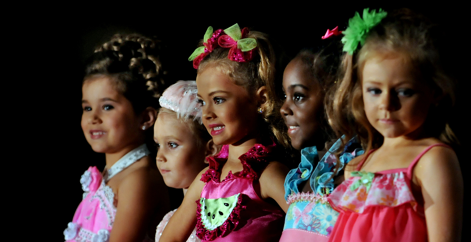 The top five contestants in the 4–6-year-old section wait on the judges' final decisions during the Little Miss Perfect competition at Renaissance Montgomery Hotel and Spa at the Convention Center in Montgomery, Alabama. (LloydGallman/Flickr)