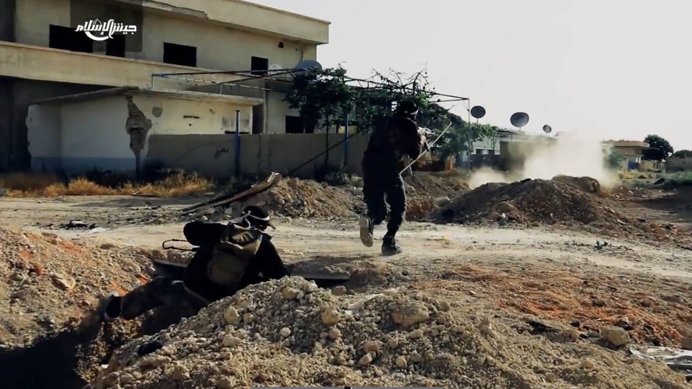 A screenshot from a 2017 video released by designated Saudi-backed terror group, Jaysh al-Islam, shows Jaysh al-Islam fighters in an offensive against the Syrian Army in Eastern Ghouta.