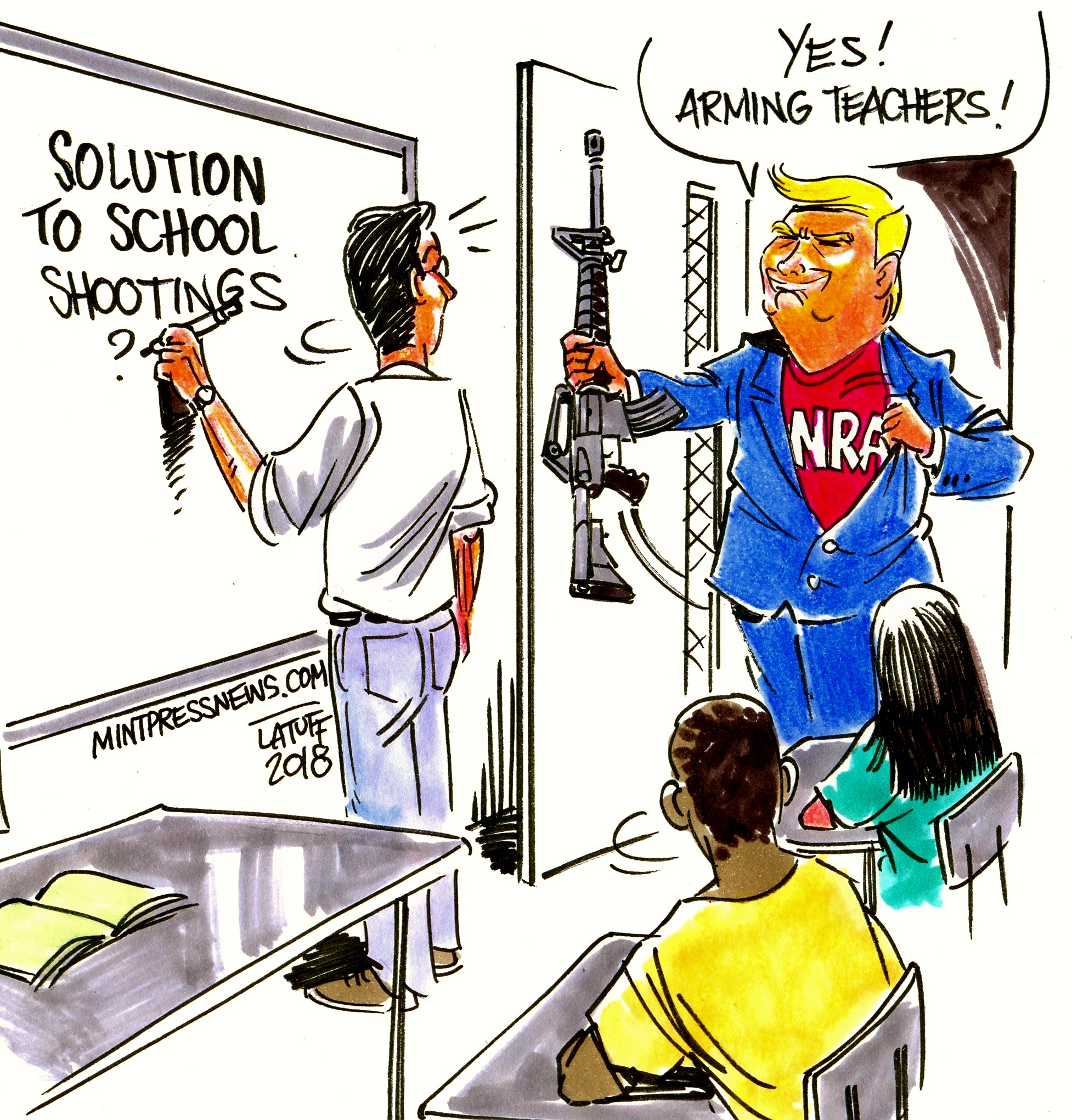 Editorial Cartoon. Trump NRA gun control teachers MintPress News by Carlos Latuff
