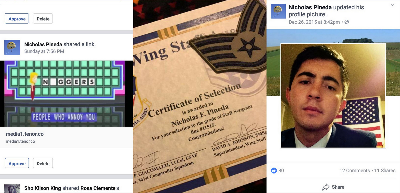 Screenshots from left to right, Staff Sergeant Nicholas Pineda's racist post on BLM Los Angeles' Facebook group, a photo of his Air Force staff sergeant cert., and a photo of Pineda from his Facebook profile. 