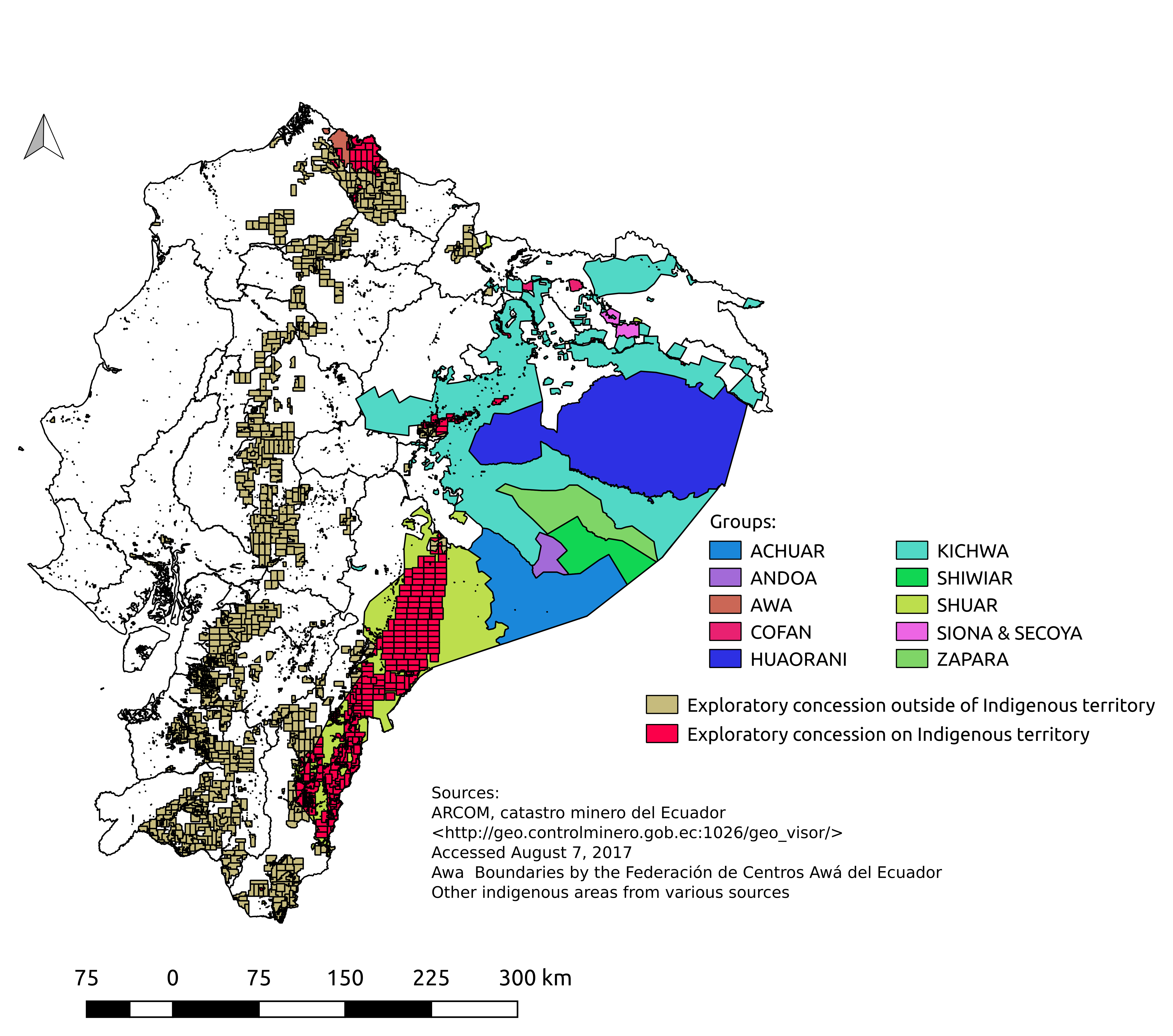 A map showing the mining concessions made inside and outside of indigenous territory in Ecuador.