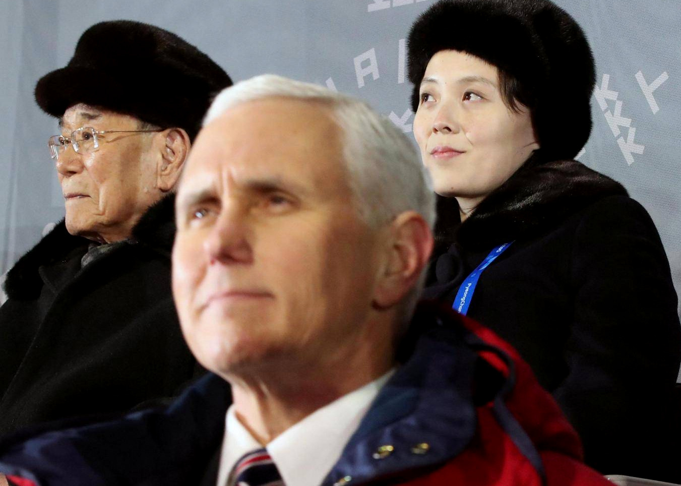 (Vice President Mike Pence pictured in the foreground near Kim Jong-un's sister Kim Yo-jon. right rear.(Photo: Yonhap)