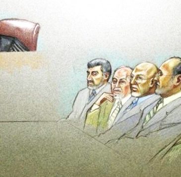 In this courtroom illustration, U.S. District Judge A. Joe Fish and defendants Mufid Abdulqader, Ghassan Elashi, Mohammad El-Mezain, Shukri Abu Baker and Abdulrahman Odeh are shown during the Holy Land Foundation terrorism financing trial at the federal courthouse in Dallas, Oct. 22, 2007. (AP/Pat Lopez)