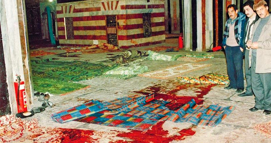 Prayer mats covered in blood at the Ibrahimi mosque in the aftermath of the massacre carried out by Jewish settler Baruch Goldstein, February 25, 1994. (Photo: Al-Khalil)