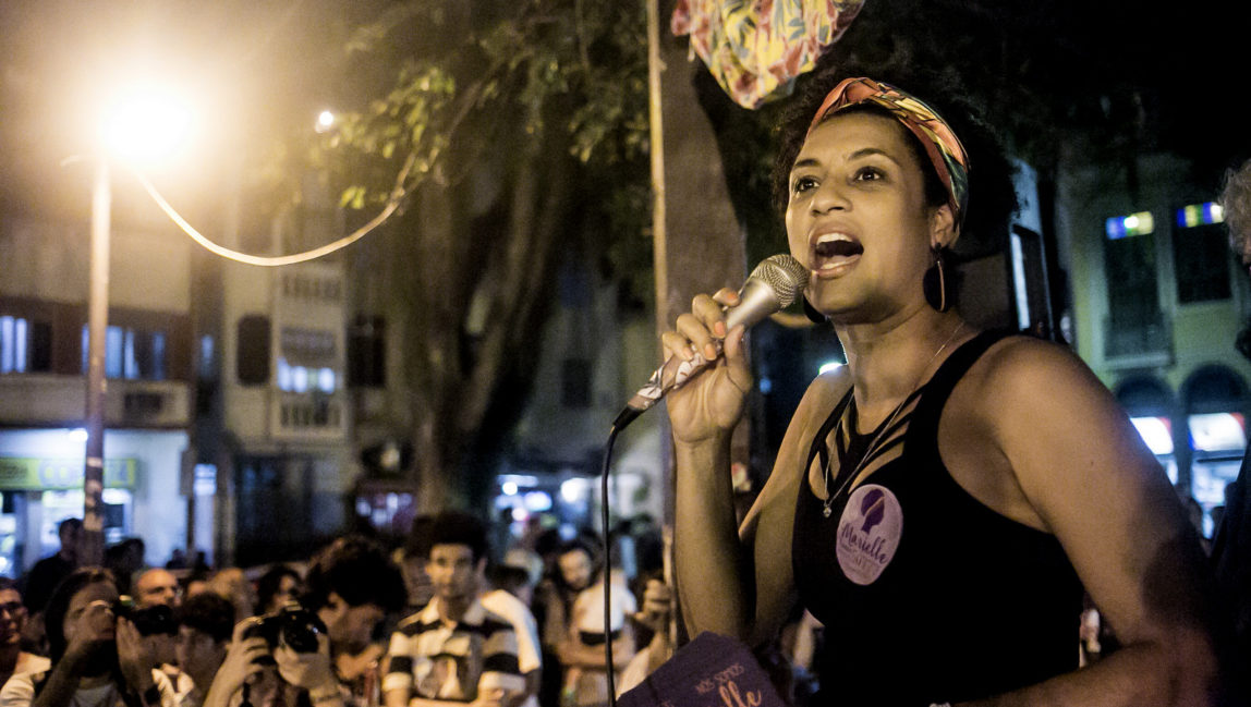 Marielle Franco speaking at a campaign rally in Rio de Janeiro, Brazil in 2016. Photo: Mídia Ninja/Flickr CC BY-SA 2.0