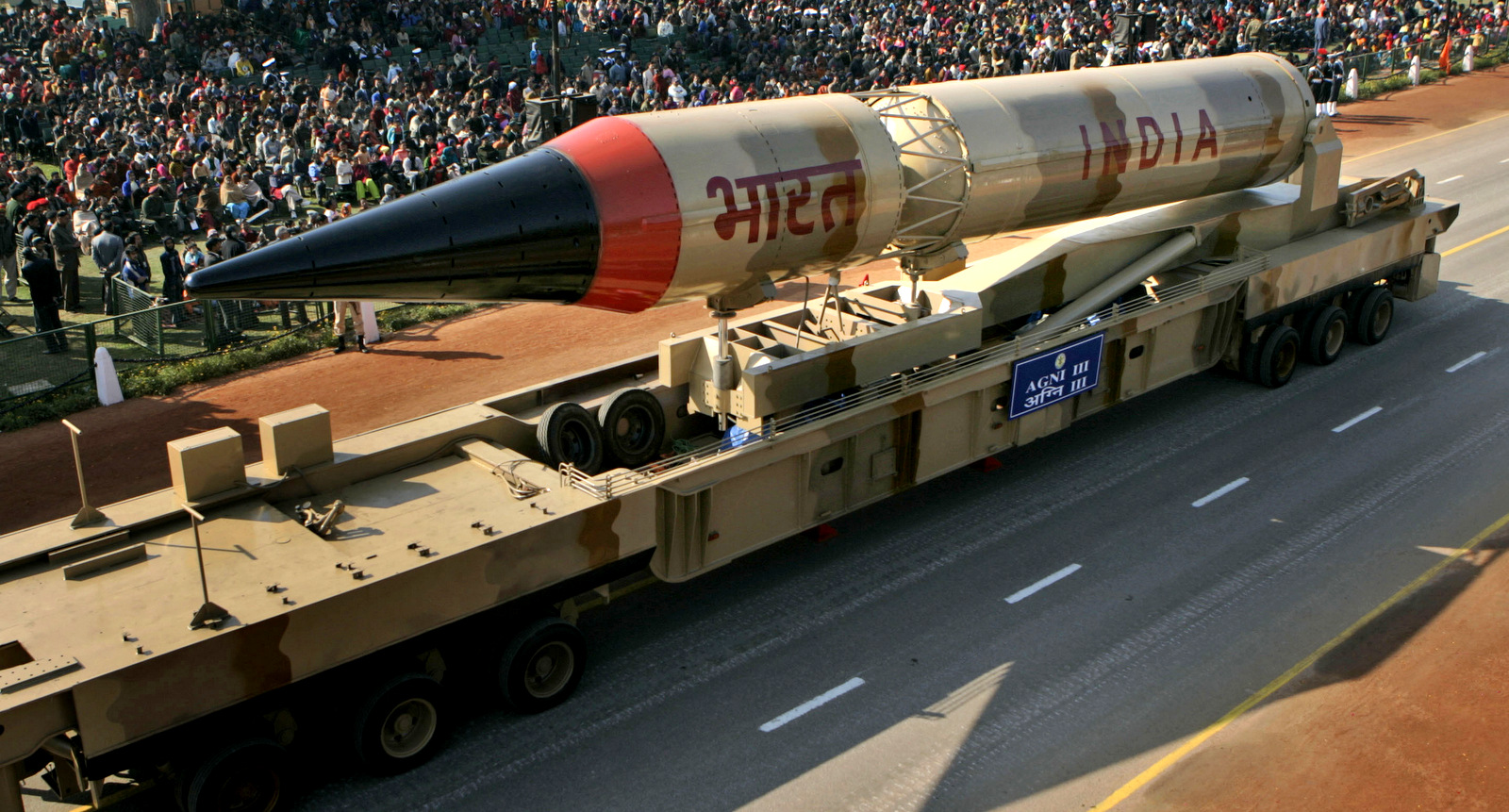 India's Agni III, a nuclear-capable missile that can hit targets from Beijing to Baghdad. (AP Photo/Manish Swarup)