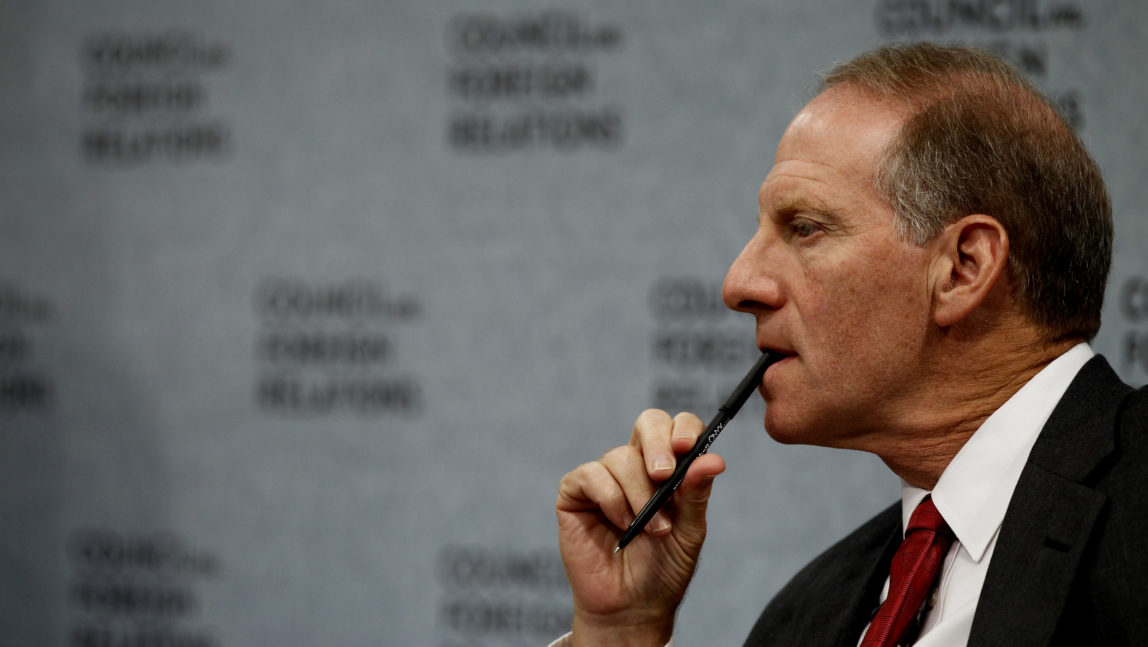 Richard Haass, president of the Council on Foreign Relations, listens as Secretary of State Hillary Rodham Clinton speaks at the Council on Foreign Relations in Washington, Sept. 8, 2010.(AP/Alex Brandon)