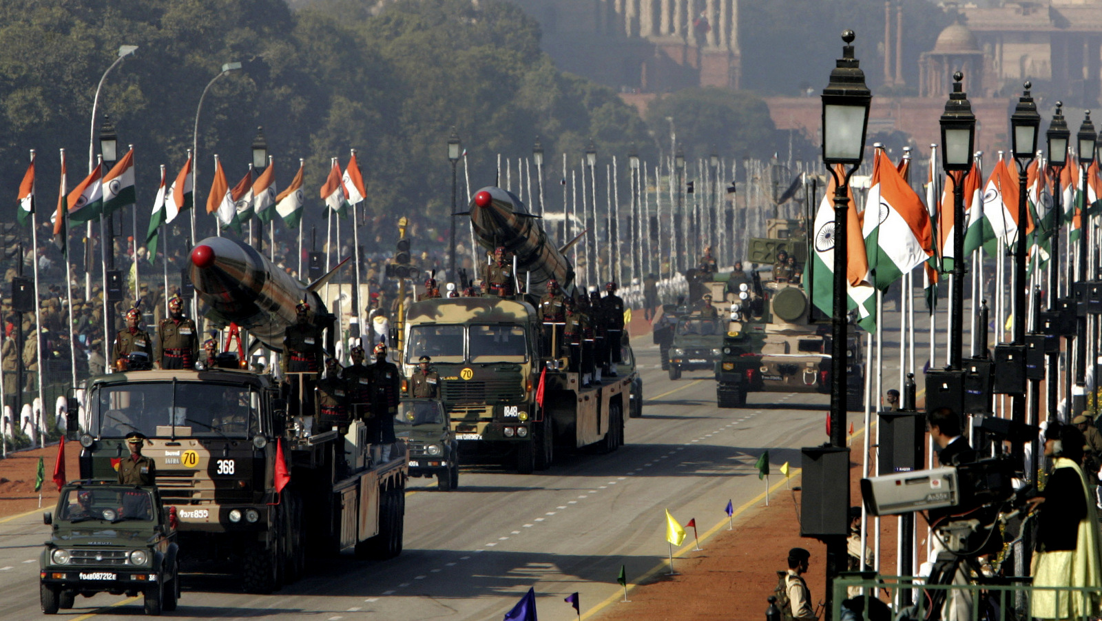 India's nuclear-capable missile Agni-I, left, and Agni-II, right, are displayed during Republic Day rehearsals, in the backdrop of the presidential Palace in New Delhi, India. (AP/Saurabh Das)