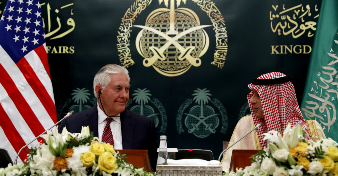 Secretary of State Rex Tillerson listens during a press conference with Saudi Foreign Minister Adel Ahmed Al-Jubeir, Oct. 22, 2017, in Riyadh, Saudi Arabia. (AP/Alex Brandon)