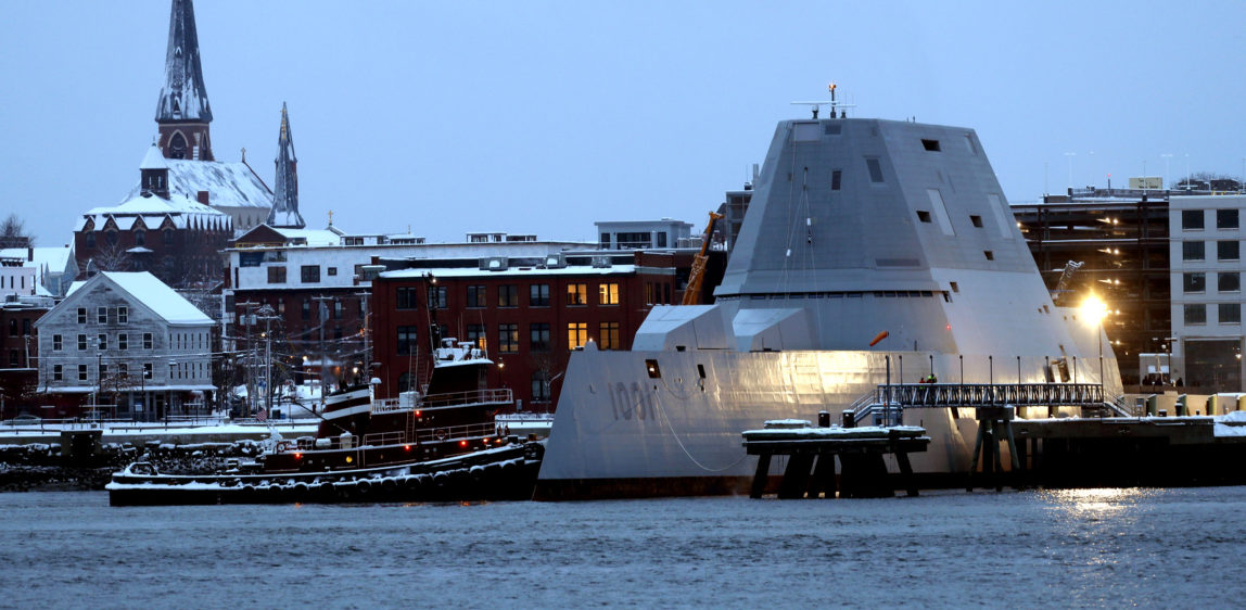 The future USS Michael Monsoor docks in Portland, Maine, after performing offshore sea trials, Jan. 17, 2018. The Bath Iron Works (owned by General Dynamics) built ship is the second in the stealthy Zumwalt class of destroyers. (AP/Robert F. Bukaty)
