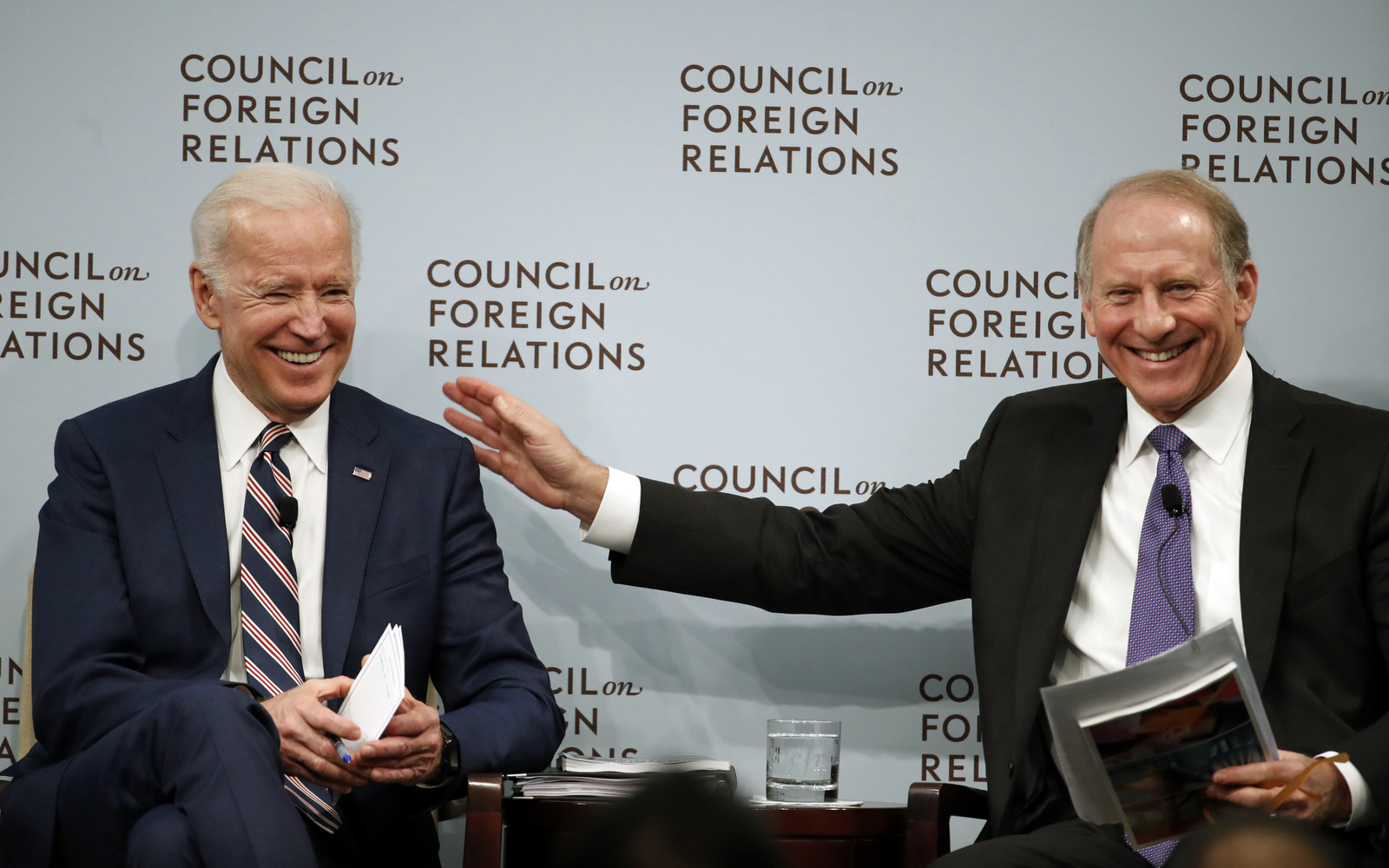 Former Vice President Joe Biden, left, speaks about U.S. relations with the Kremlin at the Council on Foreign Relations, with Richard N. Haass, President of the Council on Foreign Relations, Jan. 23, 2018, in Washington. (AP/Alex Brandon)