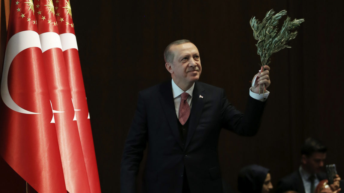 Turkey's President Recep Tayyip Erdogan, holding an olive branch arrives to deliver a speech at an event in Ankara, Turkey, Feb. 20, 2018. (Pool Photo via AP)