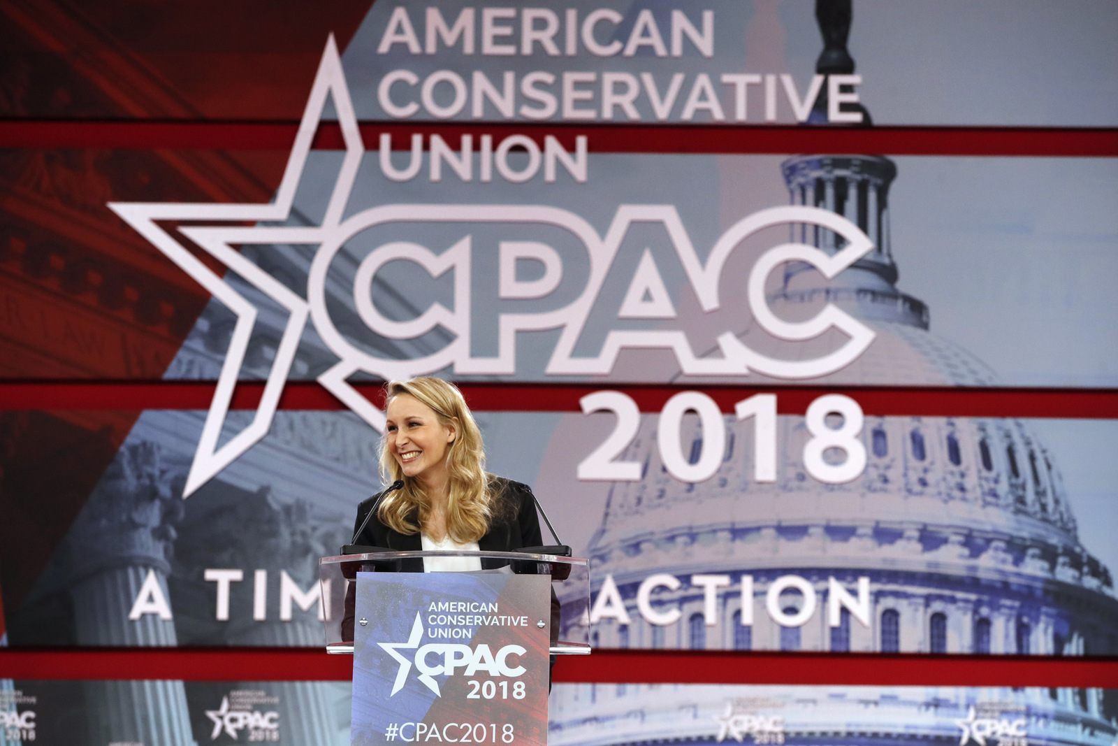 Marion Marechal-Le Pen, 28, speaks at the Conservative Political Action Conference (CPAC), at National Harbor, Md., Thursday, Feb. 22, 2018. Out of the shadows, the woman who was the rising star of France's far right National Front until she left politics, is emerging on the other side of the Atlantic, stepping into the limelight as a speaker at a major forum for American conservatives. (AP/Jacquelyn Martin)