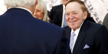 Sheldon Adelson, right, talks with Secretary of State, Rex Tillerson, before a speech by President Donald Trump at the Israel Museum in Jerusalem. May 23, 2017. Evan Vucci | AP
