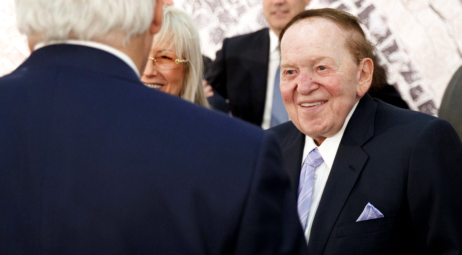 Sheldon Adelson, right, talks with Secretary of State, Rex Tillerson, before a speech by President Donald Trump at the Israel Museum in Jerusalem. May 23, 2017. Evan Vucci | AP