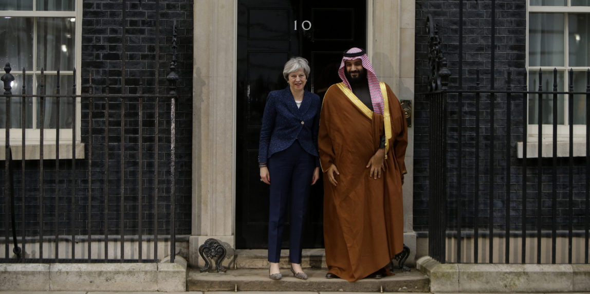 Britain's Prime Minister Theresa May looks to the media as she greets Saudi Arabia's Crown Prince Mohammed bin Salman outside 10 Downing Street in London, Wednesday, March 7, 2018. (AP/Alastair Grant)