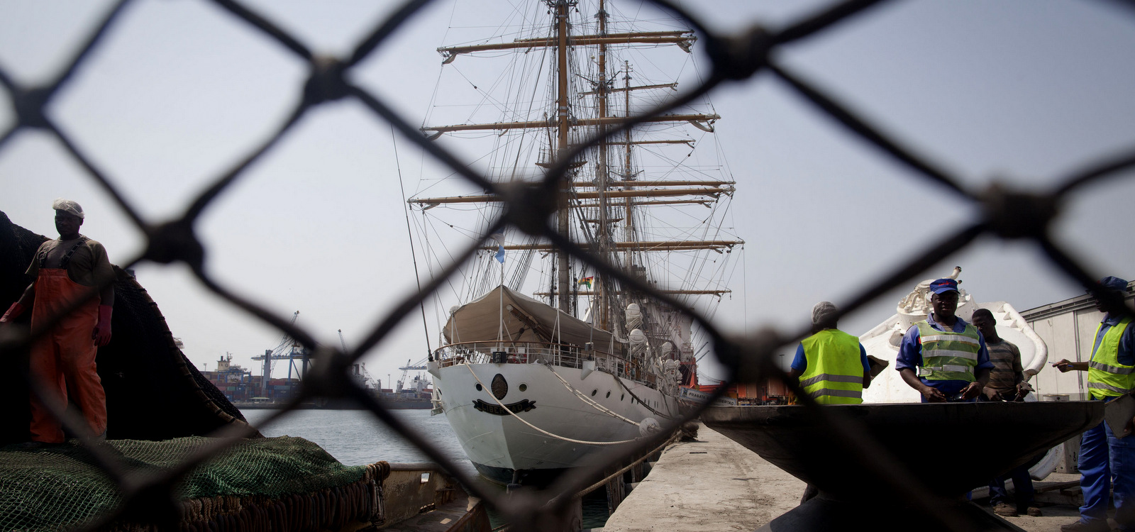 Argentina's three-masted navy training tall ship ARA Libertad, which was seized on Oct. 2 as collateral for unpaid bonds dating from Argentina's economic crisis a decade ago, sits docked at the port in Tema, outside Accra, in Ghana Friday, Dec. 14, 2012. (AP/Gabriela Barnuevo)